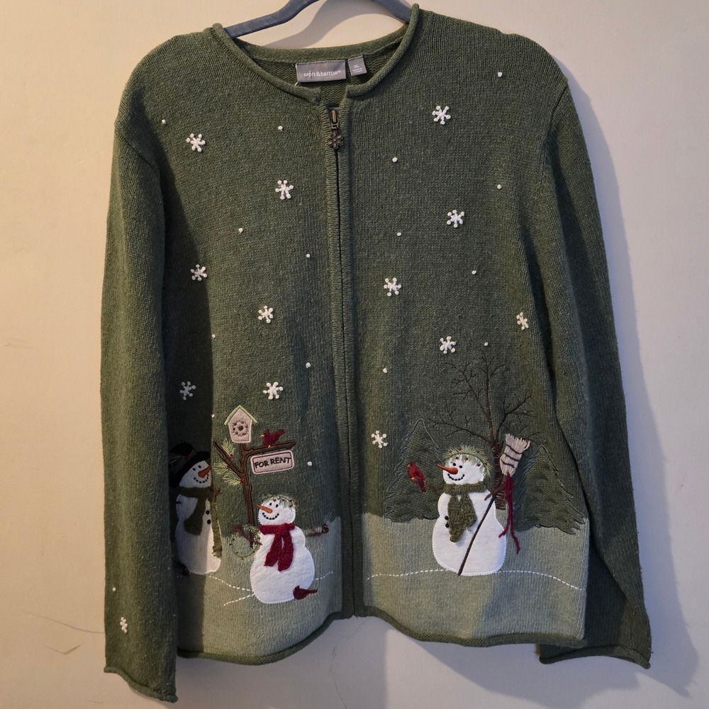 Croft & Barrow Cardigan Women XL Green Snowman Holiday Christmas Winter Sweater